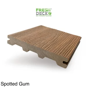 Commercial Grade Spotted Gum. FreshDeck™ Spotted Gum Just $15.38 LM $80.00 Per Board Or Only $109.89 M2 plus gst - Solid, Fully, Capped UV Rated 140x22x5200mm. 25 Years Warranty FREE Stainless Steel Clips & Screws FREE Delivery!*